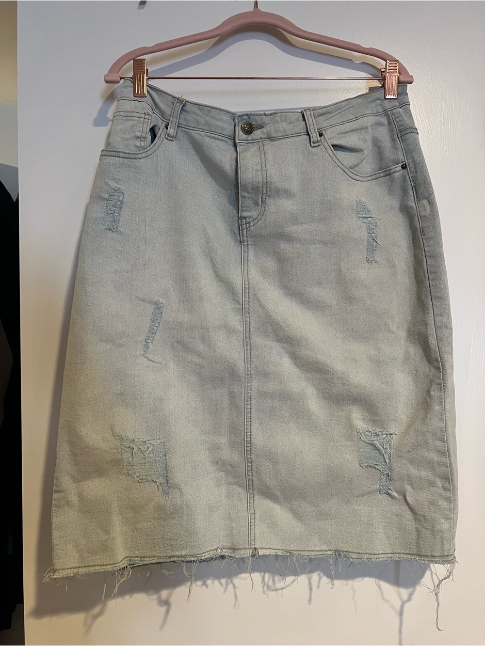 The Main Street exchange Women's Light Blue Distressed Denim Midi Skirt